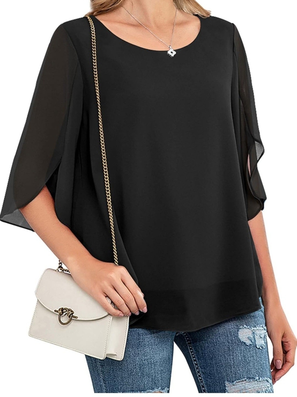 Elegant Black Chiffon 3/4 Sleeve Blouse